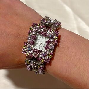 Rare Y2K Floral Rhinestone Watch Bracelet Pink Crystal Statement Jewelry